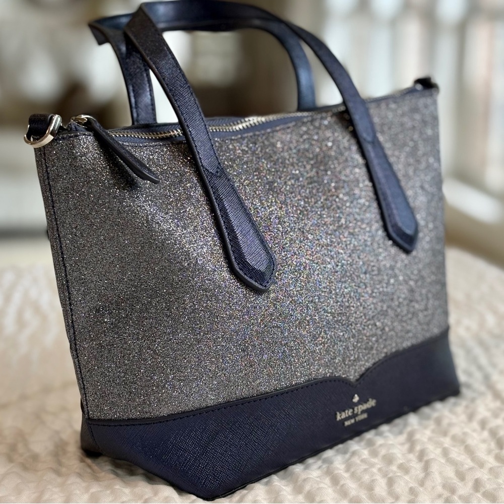 Kate Spade New York Lola Glitter Small Satchel Silver & Navy Clean & Cute GUC